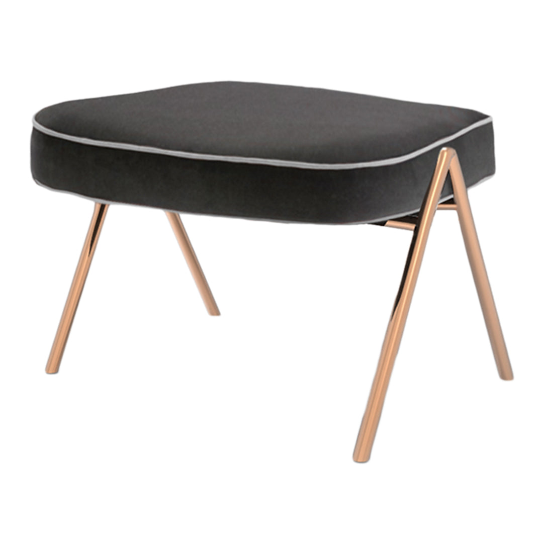 Black cushioned stool with a sleek gray trim and stylish rose gold legs. Perfect for modern decor.