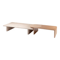 Modern two-tone wooden table in light beige and warm oak, featuring a sleek linear design and textured pattern.