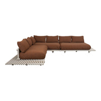 Brown sectional sofa with plush cushions and sleek white frame, perfect for modern outdoor settings.