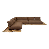 Brown sectional sofa with plush cushions, featuring a modern design on a bamboo slatted base.
