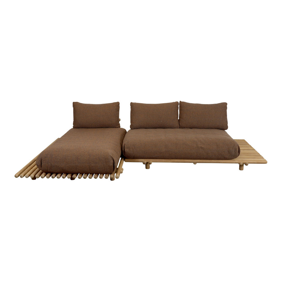 Brown, textured fabric sofa with stylish wooden slats, offering a modern, minimalist design. Perfect for any space.