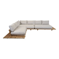 Neutral beige outdoor sofa with plush cushions and a natural wood base, featuring a modern, minimalist design.