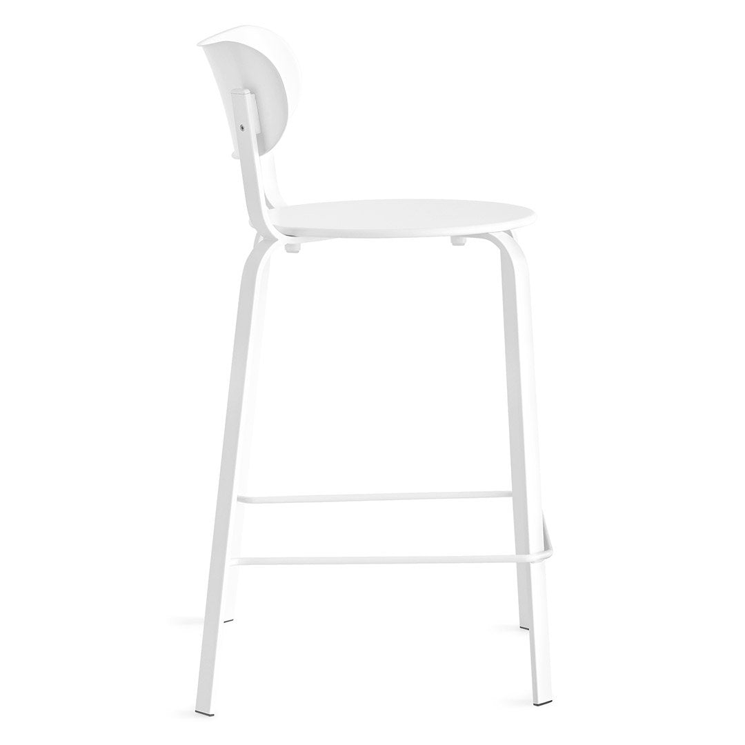 White modern bar stool with a sleek design, featuring a smooth finish and minimalist style. Perfect for contemporary decor.