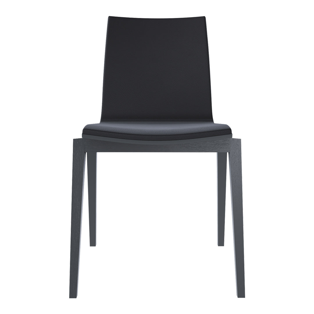 Sleek black chair with a smooth, minimalist design and solid gray legs, perfect for modern decor.