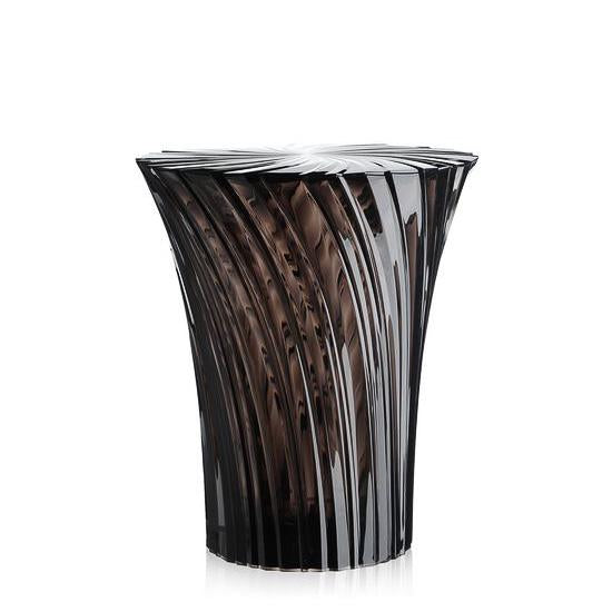 Stylish black decorative vase with vertical ribbed pattern and smooth glossy finish. Ideal for modern interiors.