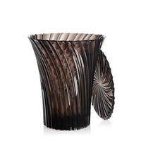 Textured black and smoky gray wastebasket with a wavy pattern and curved lid design for modern decor.
