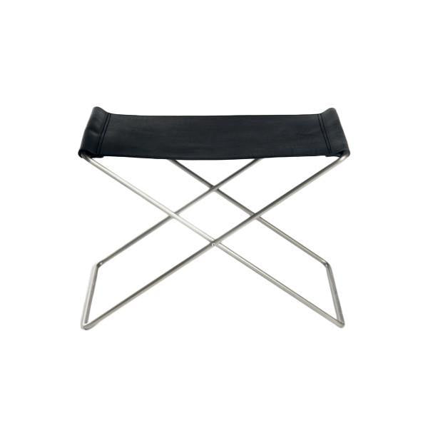 Black canvas stool with a sleek, minimalist design and silver metal legs, perfect for modern decor.
