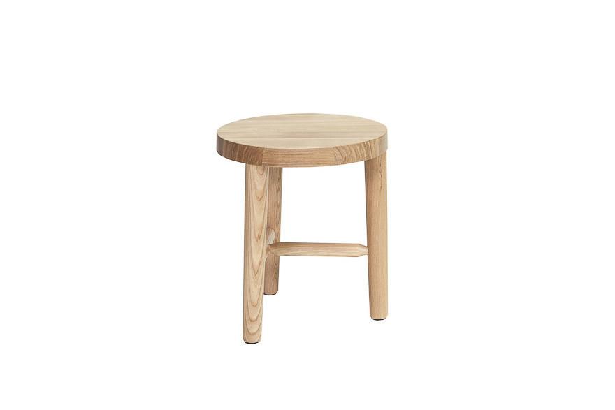 Light natural wood stool with a smooth, circular top and simple, clean lines. Perfect for minimalist decor.