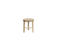 Light wood circular stool with natural grain pattern and three sturdy legs, perfect for minimalist decor.