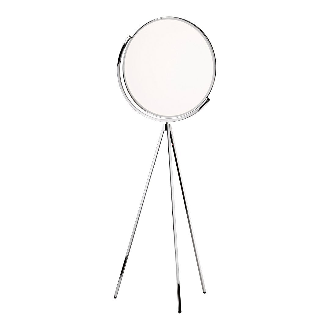 Chrome floor mirror with a sleek circular design and minimalist tripod stand, featuring a clean white reflective surface.