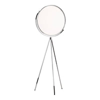 Chrome floor mirror with a sleek circular design and minimalist tripod stand, featuring a clean white reflective surface.