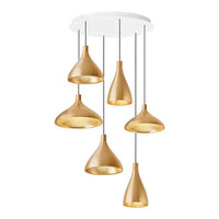 Gold pendant lamps with sleek, modern shapes hanging from a white ceiling mount.