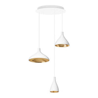 Triple pendant light featuring a sleek white exterior and elegant gold interiors for a modern touch.