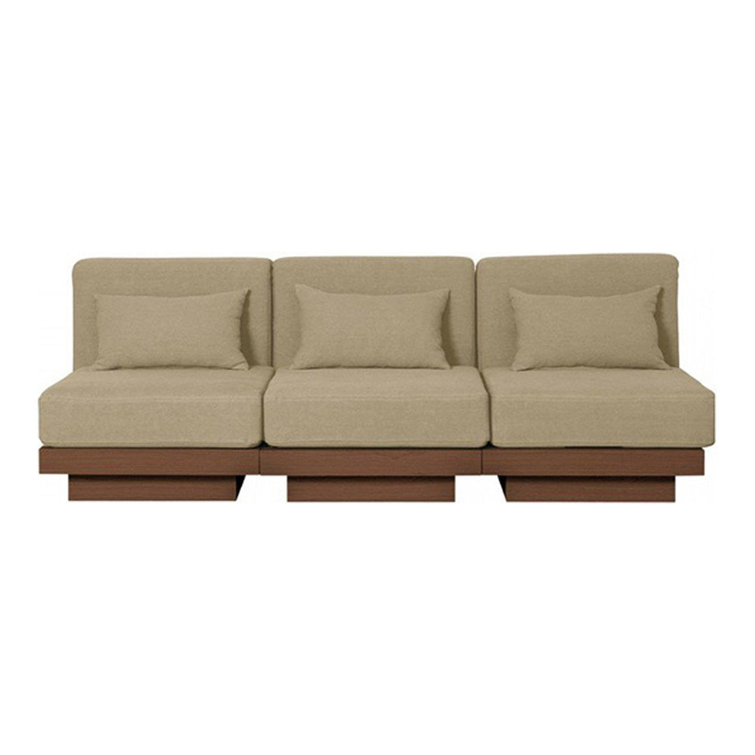 Beige three-cushion sofa with solid brown wooden base, featuring a smooth texture and minimalistic design.