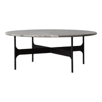 Round marble coffee table with a gray surface and black metal legs, featuring a modern minimalist design.