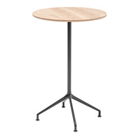 Round wooden tabletop in light oak finish with a sleek black metal base. Minimalist design for modern spaces.