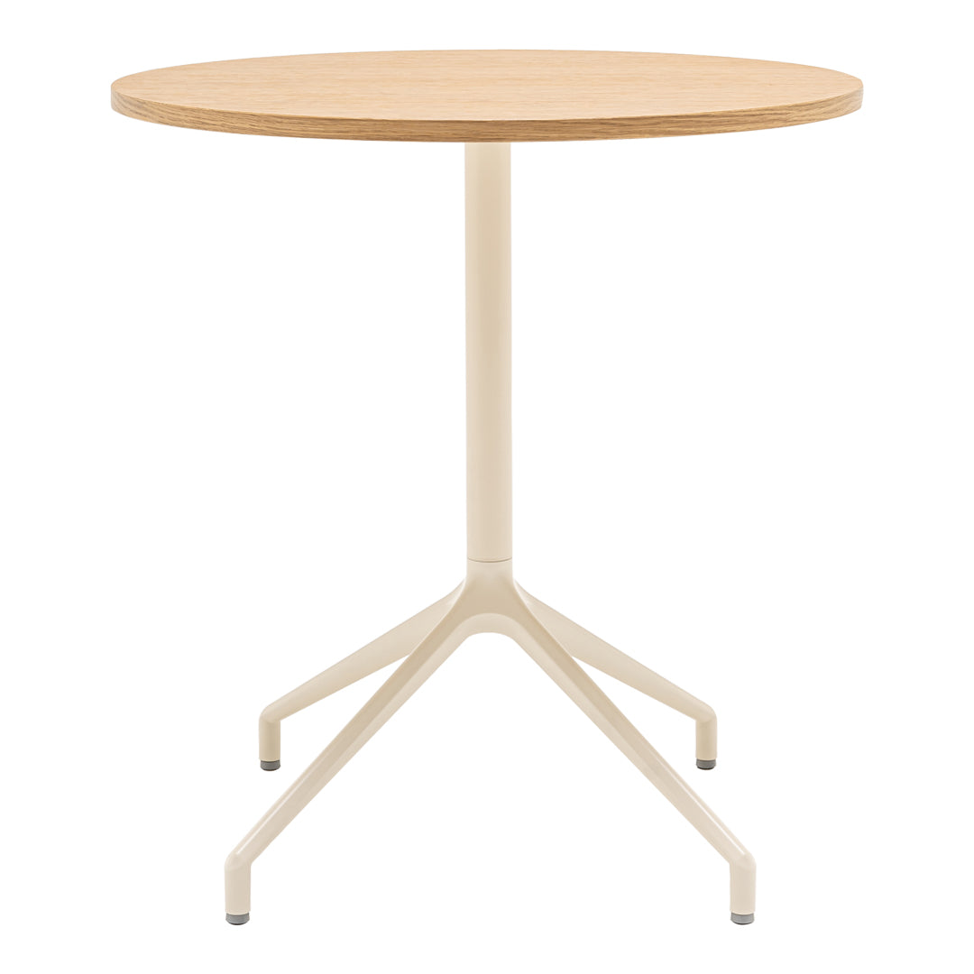 Round wooden tabletop in natural oak finish with a minimalist cream-colored base. Perfect for modern decor.