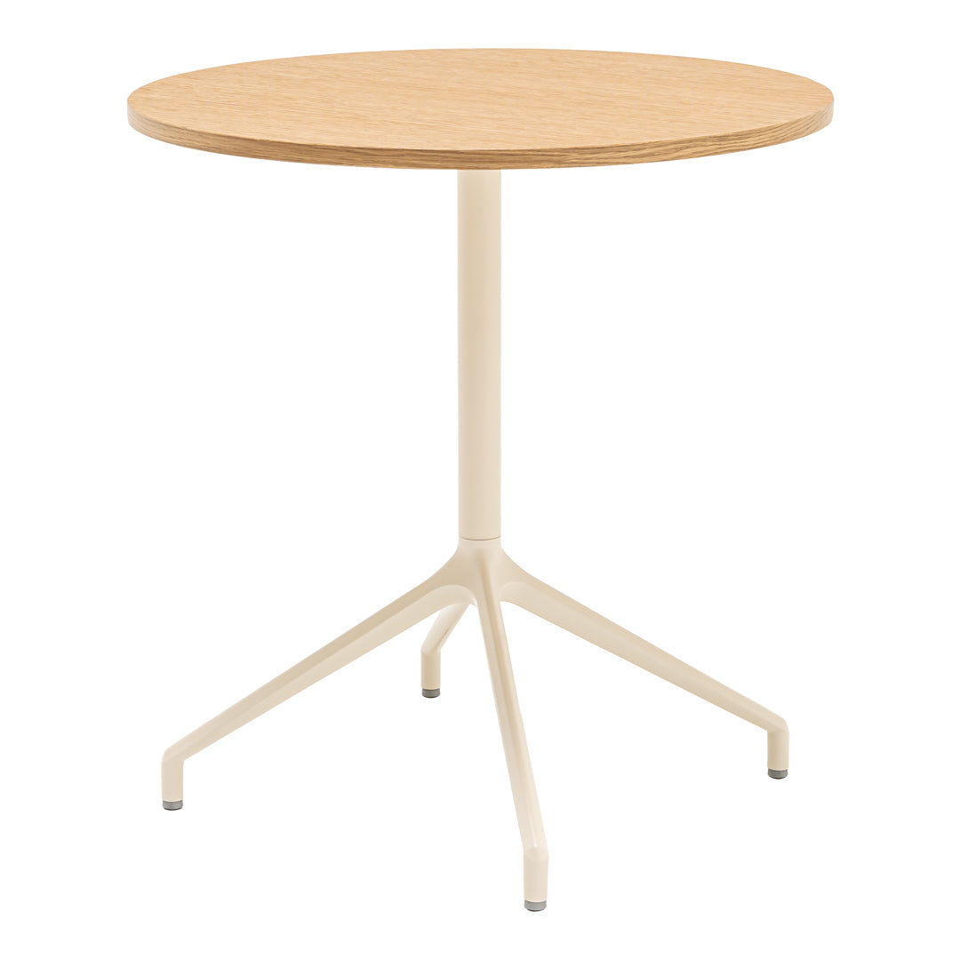 Round wooden table with a natural oak finish and a sleek cream-colored metal base. Minimalist design for modern decor.