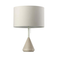 Beige cone base with a white drum shade lamp, featuring a minimalist design and smooth textures. Perfect for modern decor.