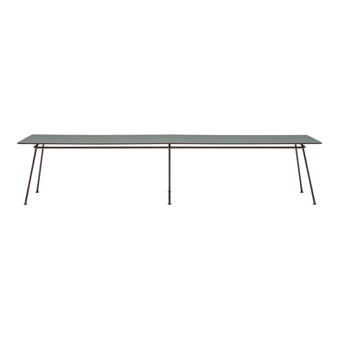 Long rectangular glass table with a sleek, clear top and minimalist dark brown legs. Modern design with a clean aesthetic.