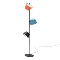 Colorful modern floor lamp with orange, blue, and black shades on a sleek black base. Stylish accent lighting.