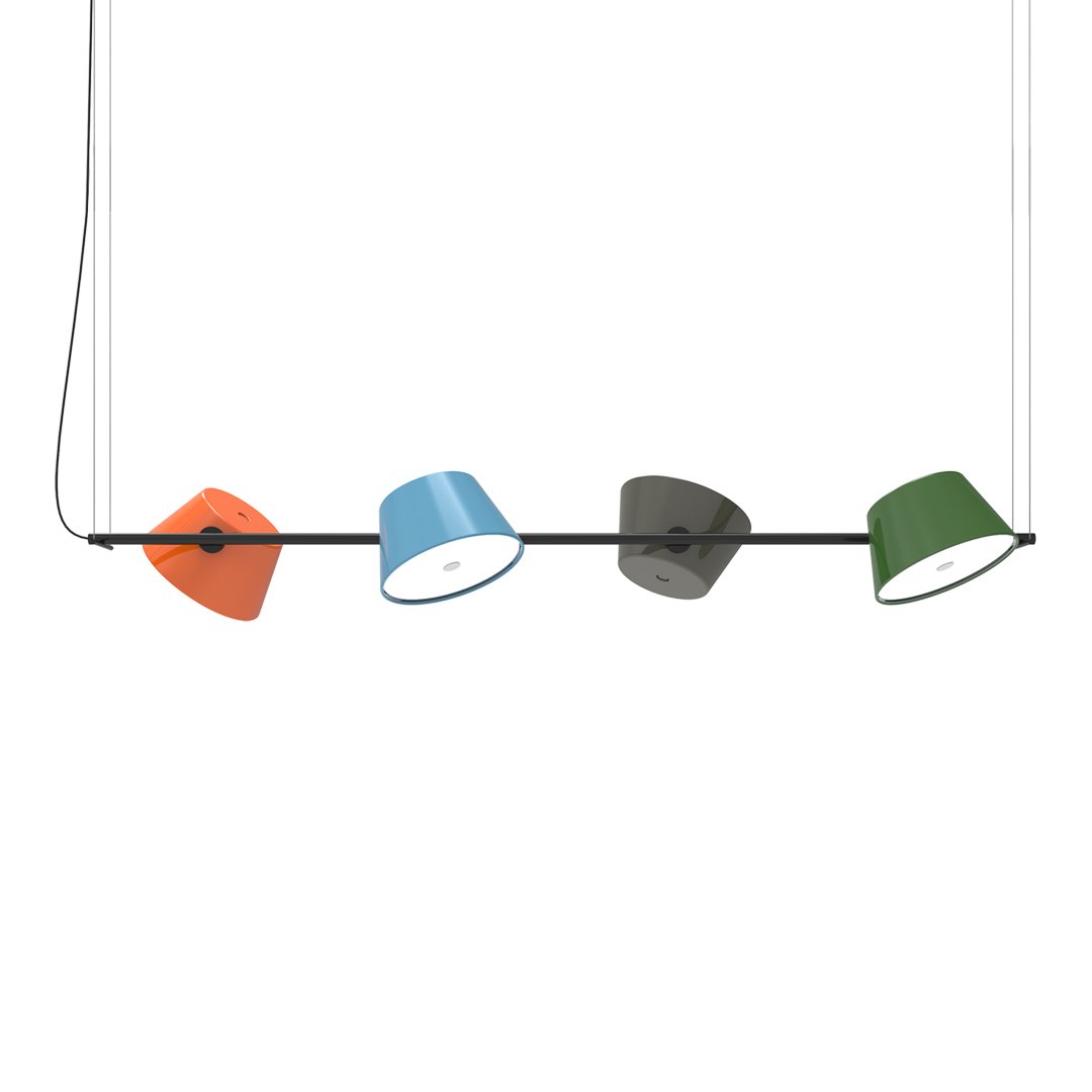 Colorful pendant light with orange, blue, dark gray, and green shades arranged in a modern geometric pattern.