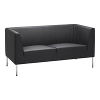 Black leather two-seater sofa with a minimalist design and sleek chrome legs, perfect for modern decor.