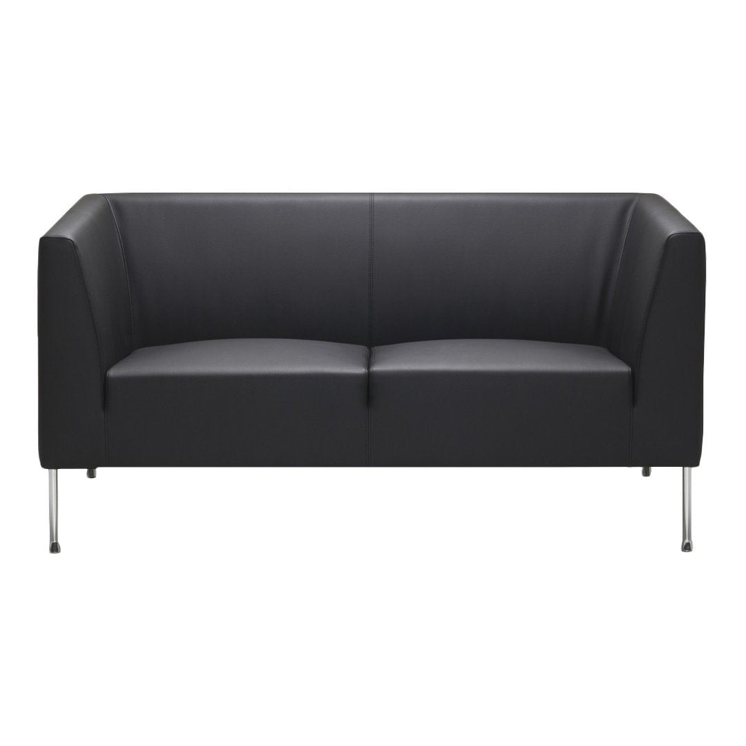 Sleek black leather sofa with minimalist design and chrome legs, perfect for modern decor.