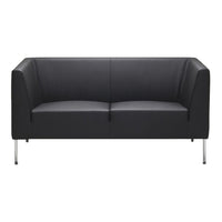 Sleek black leather sofa with minimalist design and chrome legs, perfect for modern decor.