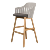 Light gray curved backrest with a dark gray cushion and natural wood legs, featuring a minimalist design.