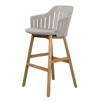 Light gray bar stool with a slatted back and natural wood legs, featuring a sleek and modern design.