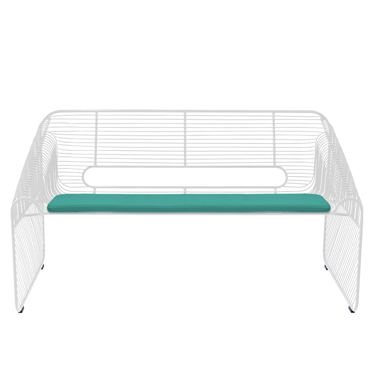 White metal wire bench with a solid teal cushion, featuring a modern and minimalistic design.