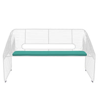 White metal wire bench with a solid teal cushion, featuring a modern and minimalistic design.