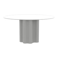 Round table with a glossy white top and a textured gray base, featuring a unique scalloped design.