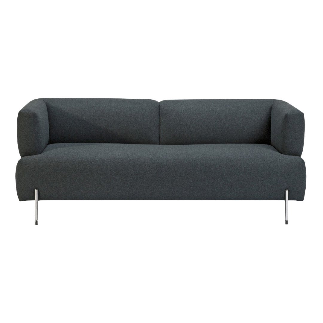 Dark gray fabric sofa with a minimalist design and sleek silver legs, perfect for modern interiors.