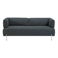 Dark gray fabric sofa with a minimalist design and sleek silver legs, perfect for modern interiors.