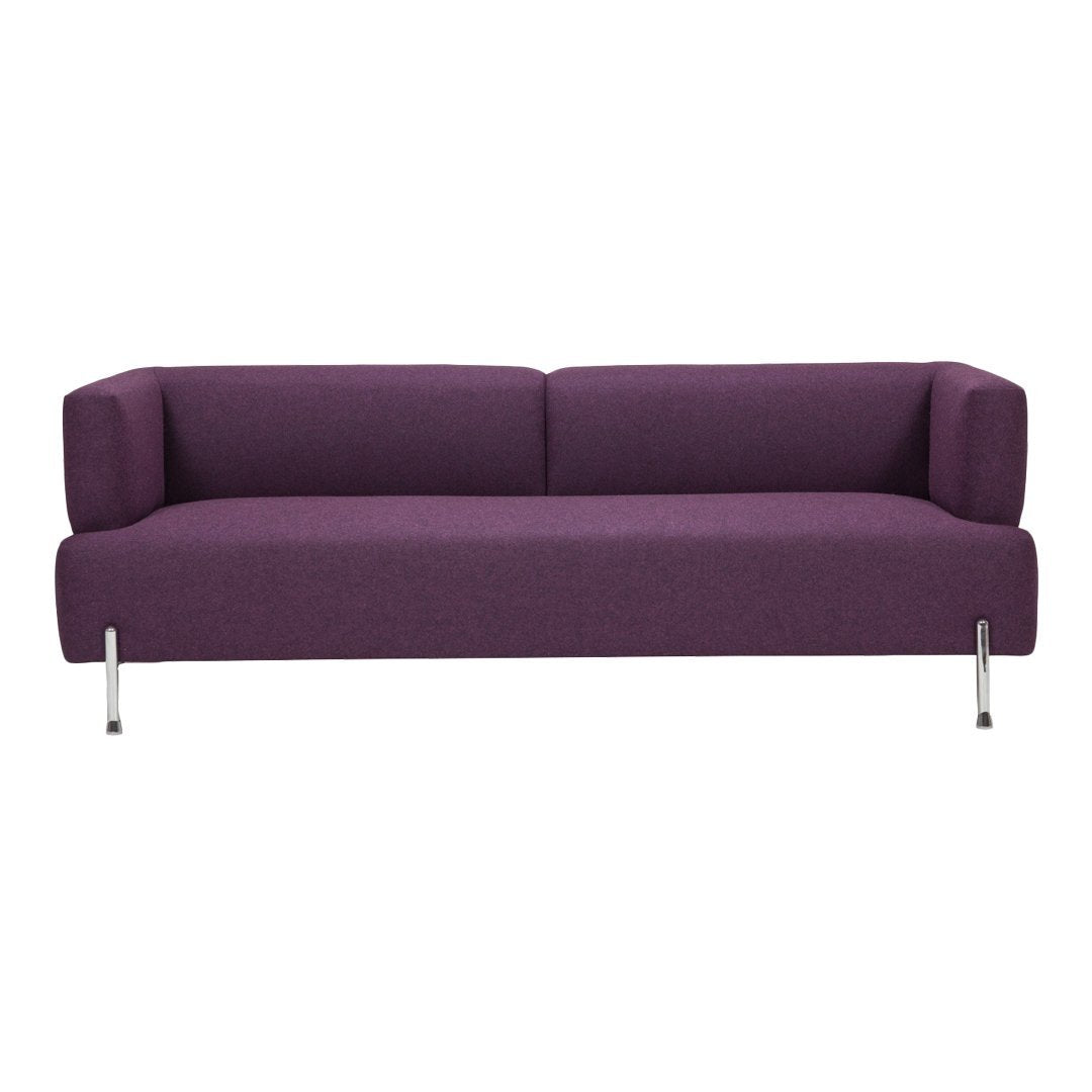 Contemporary purple sofa with a sleek, minimalist design and silver legs, perfect for stylish interiors.