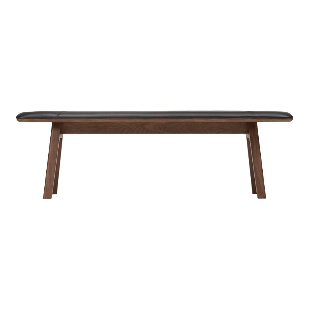 Dark wood bench with a sleek black padded top, featuring clean lines and a modern design. Perfect for contemporary spaces.