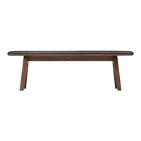 Dark wood bench with a sleek black padded top, featuring clean lines and a modern design. Perfect for contemporary spaces.