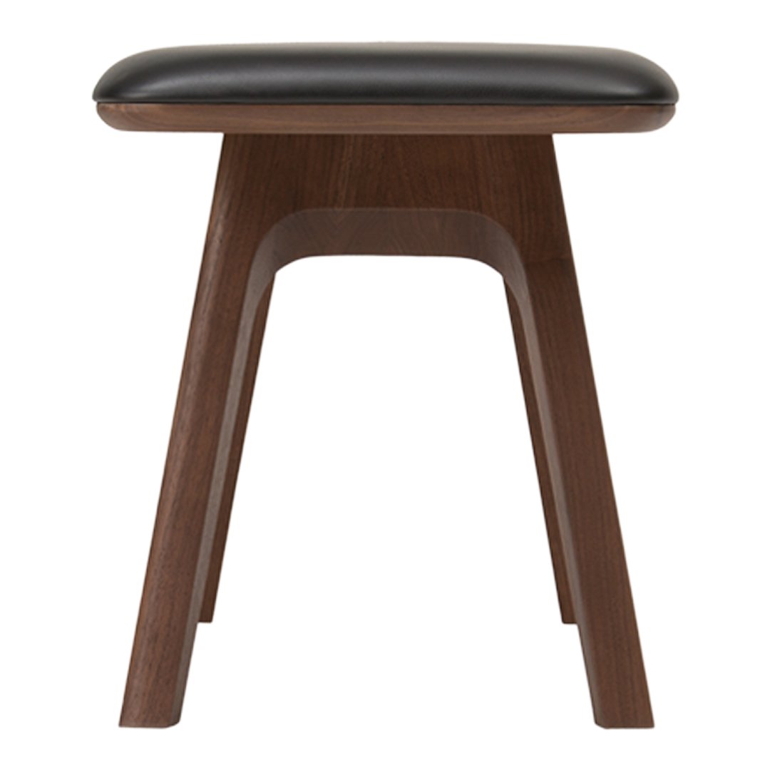 Black leather seat with a smooth finish atop a rich walnut wood frame, showcasing a modern minimalist design.