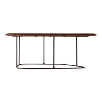 Brown wooden tabletop with a smooth finish, supported by a minimalist black metal frame. Modern and sleek design.