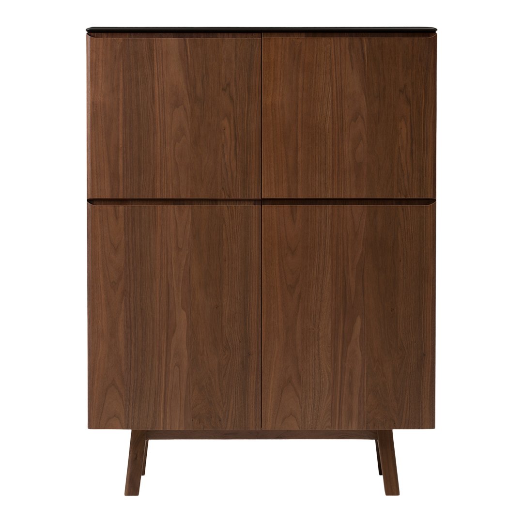 Wooden cabinet in rich walnut finish with sleek, minimalist design and horizontal patterns. Modern home furniture.
