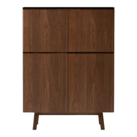 Wooden cabinet in rich walnut finish with sleek, minimalist design and horizontal patterns. Modern home furniture.