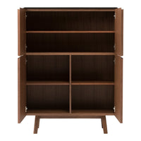 Mid-century modern cabinet in warm walnut finish with sleek lines and minimal design, featuring four spacious compartments.
