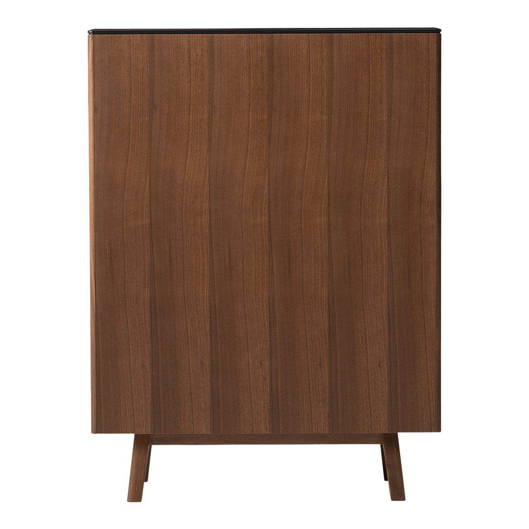 Wooden cabinet with a rich walnut finish featuring vertical grain patterns and a sleek black top.
