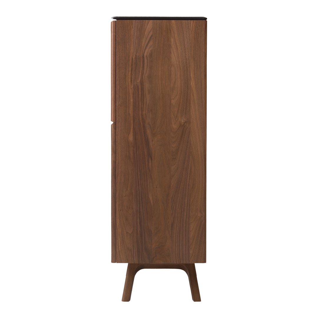 Tall walnut cabinet with a smooth wood grain finish and minimalist design. Features a sleek, dark top.