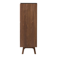 Tall walnut cabinet with a smooth wood grain finish and minimalist design. Features a sleek, dark top.