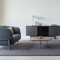 Gray sofa and plush gray rug with wood and black accents, featuring a clean, modern design for a stylish living room.
