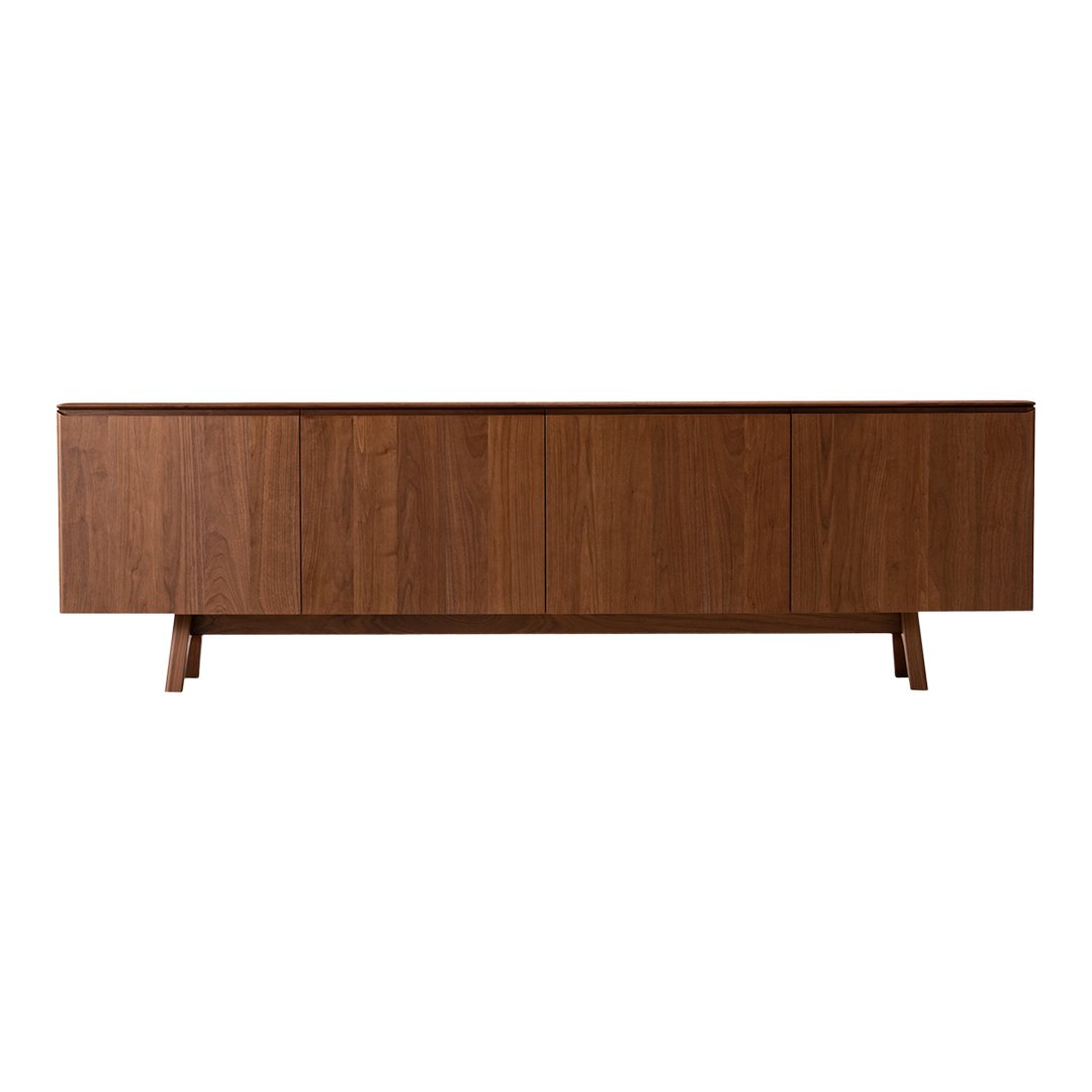 Modern wooden sideboard in rich walnut finish with smooth, minimalist lines and a sleek, contemporary design.