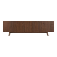 Walnut wood sideboard with smooth finish and minimalist design, showcasing rich brown tones and wood grain patterns.
